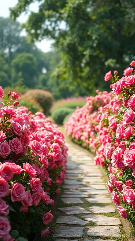 Curved stone walkway surrounded by blooming pink roses in a lush green garden