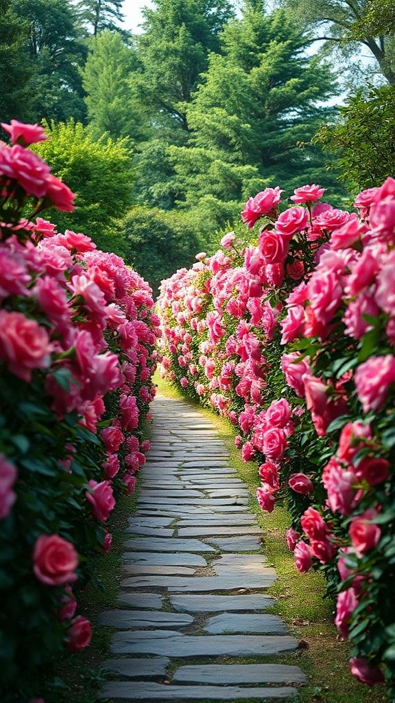 Stone path passing through dense rows of pink roses with tall trees in the background