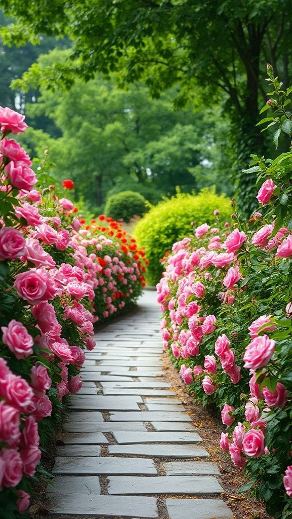 Stone path lined with pink roses and green bushes in a fresh garden environment