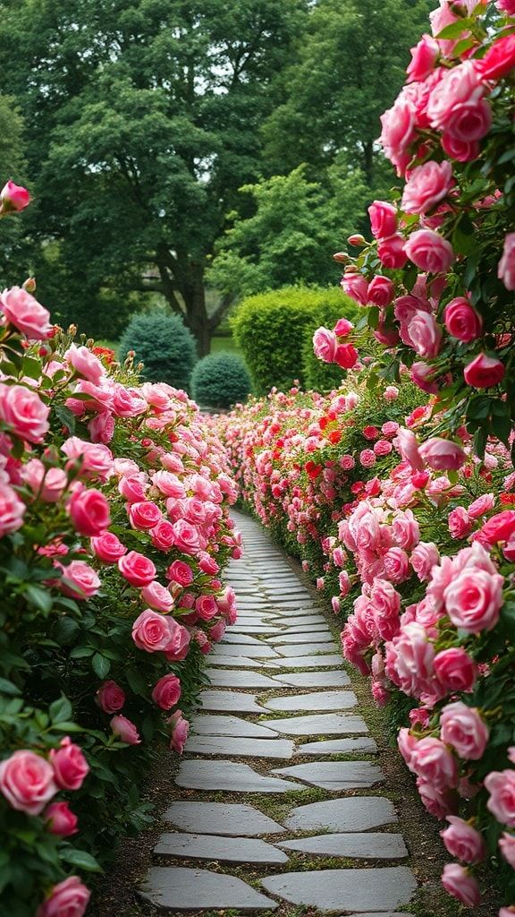 Stone walkway between rows of pink roses with a forest background