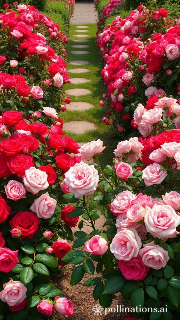 Stepping stone path decorated with red and pink roses on both sides