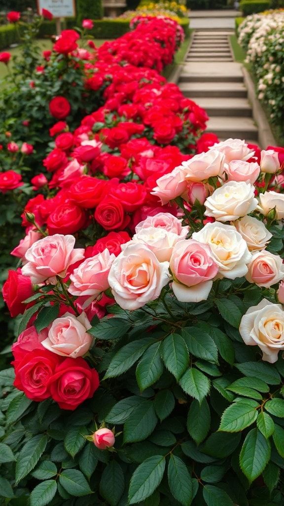 A garden filled with red, pink, and white roses near stone stairs
