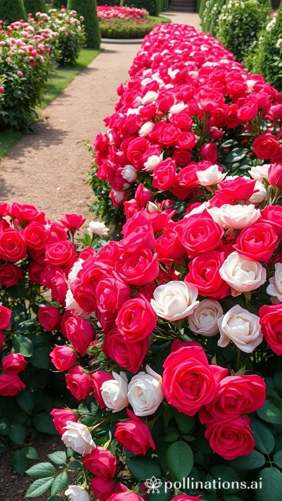 Rows of red and white roses blooming alongside a garden walk path