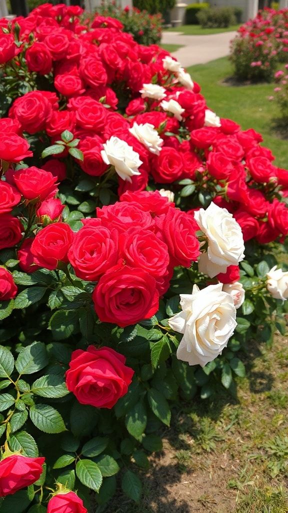 Red and white roses blooming together in a garden flower bed