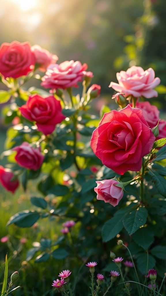Close-up pink and red roses blooming in soft golden sunlight