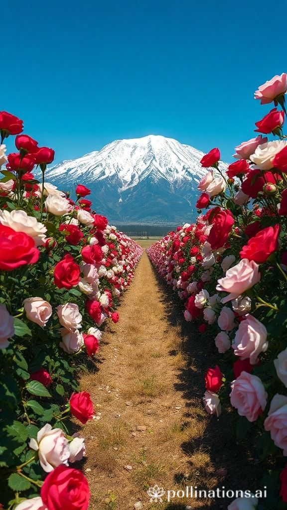 Red and white roses blooming in rows with a snow-covered mountain in the background