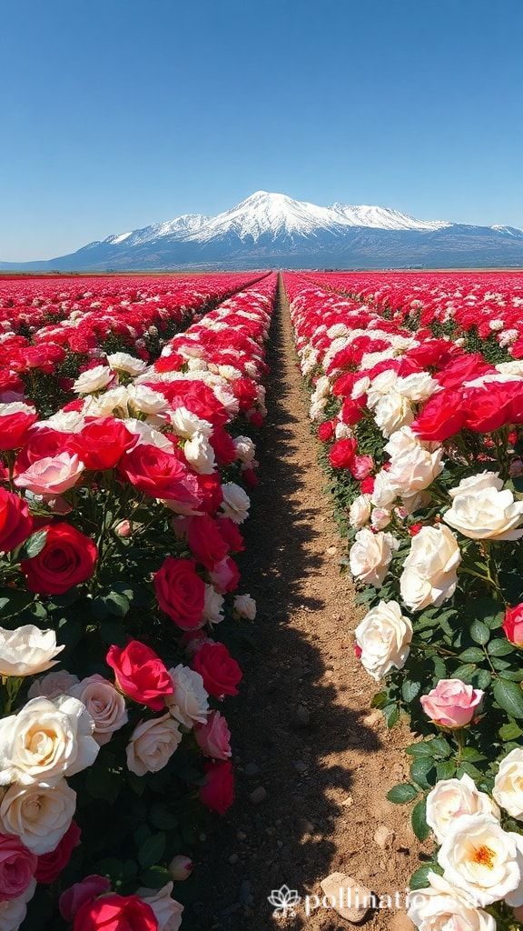 Rows of red and white roses blooming in a vast field with a snow-covered mountain in the background