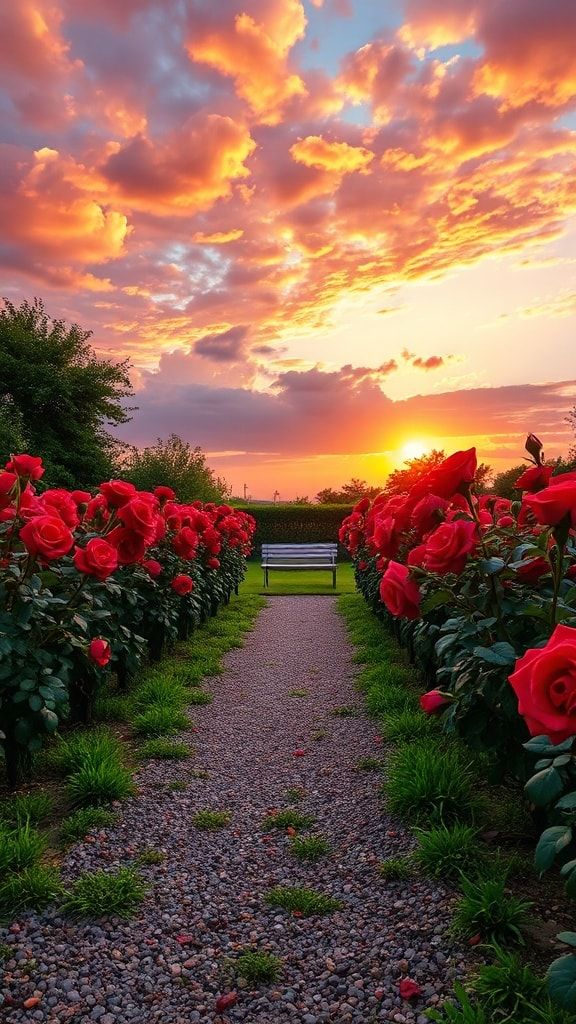 Garden path lined with red roses leading to a bench under a dramatic sunset sky