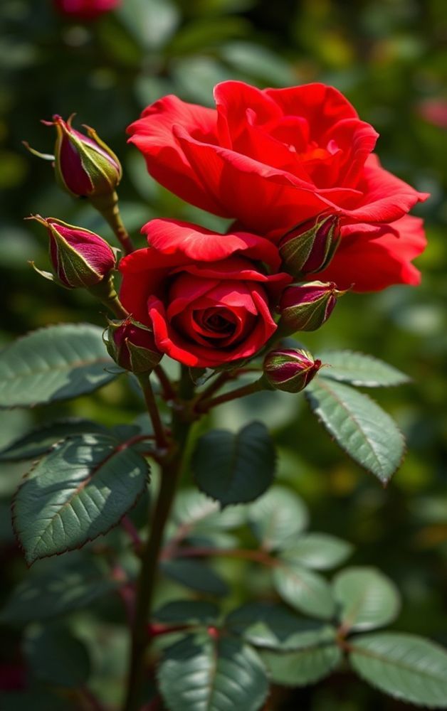 A beautiful red rose in full bloom surrounded by green leaves and rosebuds