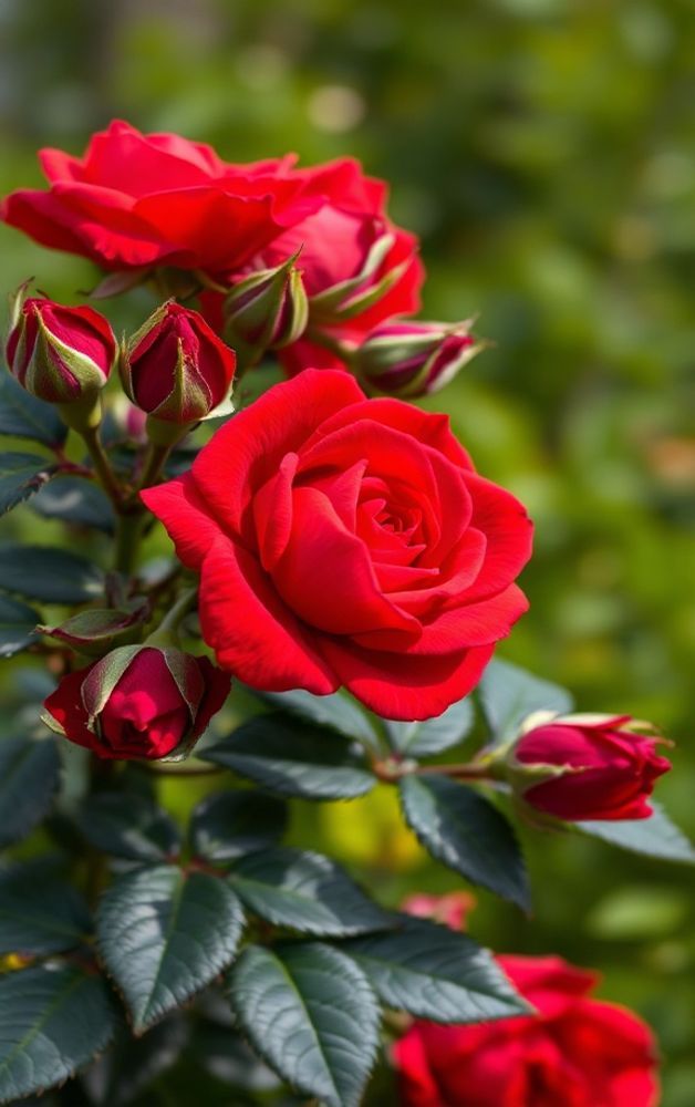 Bright red roses in full bloom surrounded by fresh green leaves in natural light
