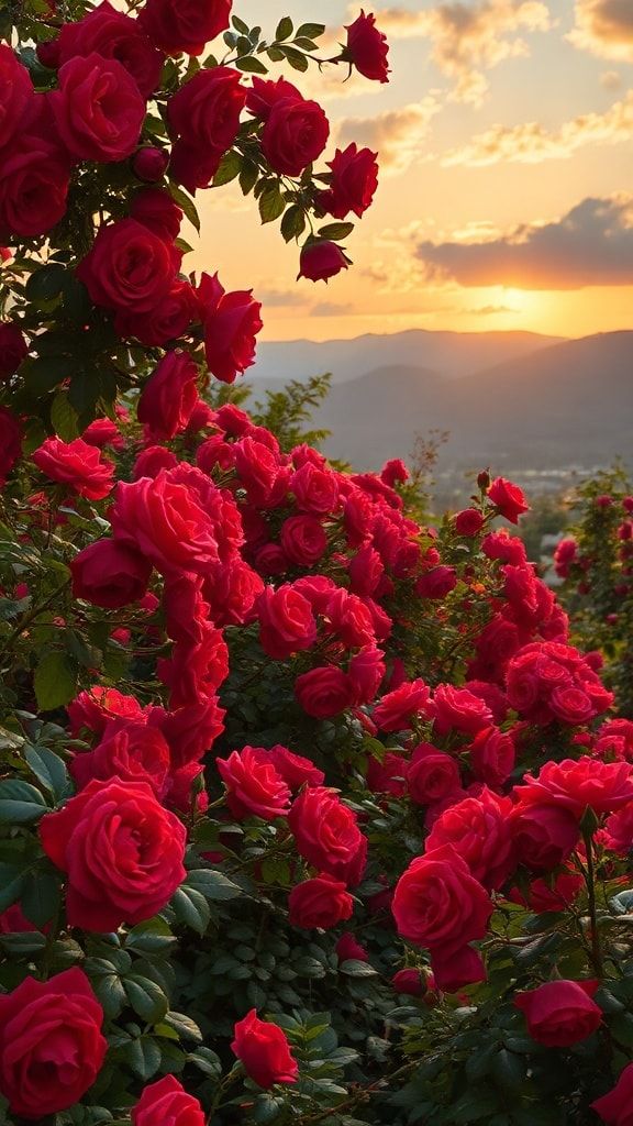 Red rose bushes blooming on a hillside during a colorful sunset over mountains