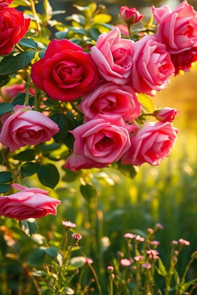 Blooming pink and red roses in a fresh garden environment