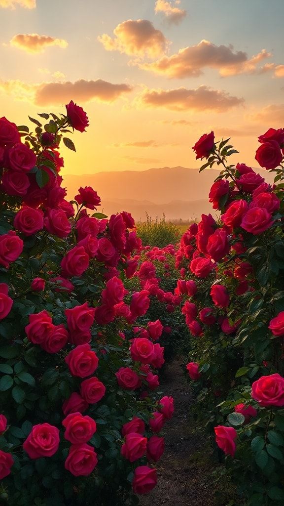 Garden pathway between red rose bushes glowing in golden evening sunlight