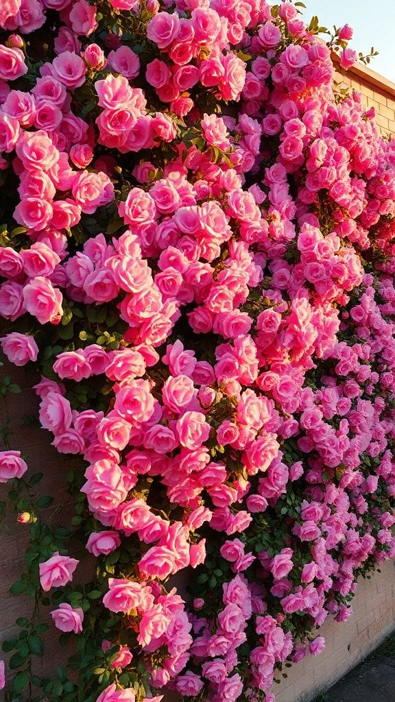 A wall covered with blooming pink climbing roses glowing in golden sunlight