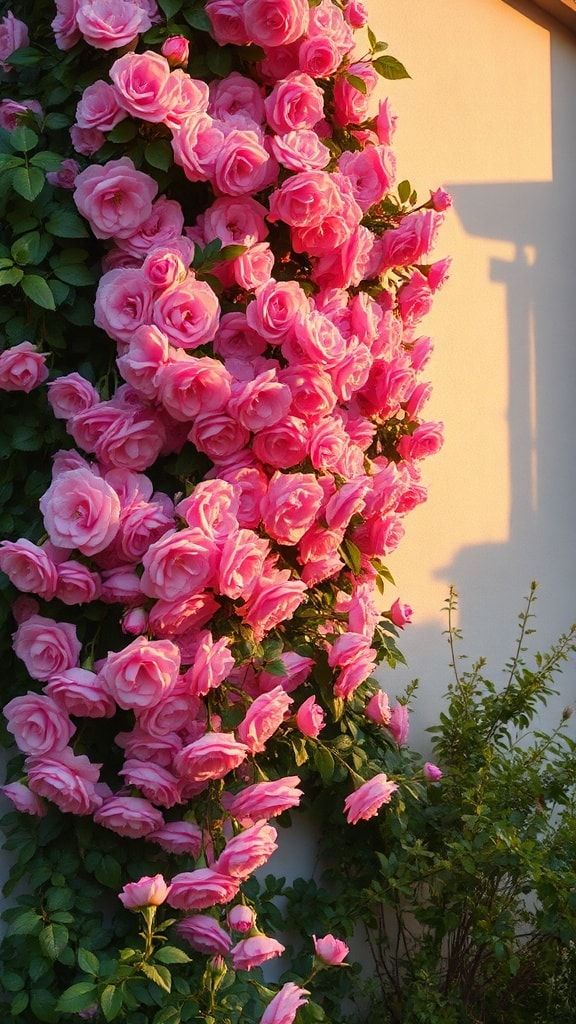 Pink climbing roses blooming against a cream-colored garden wall