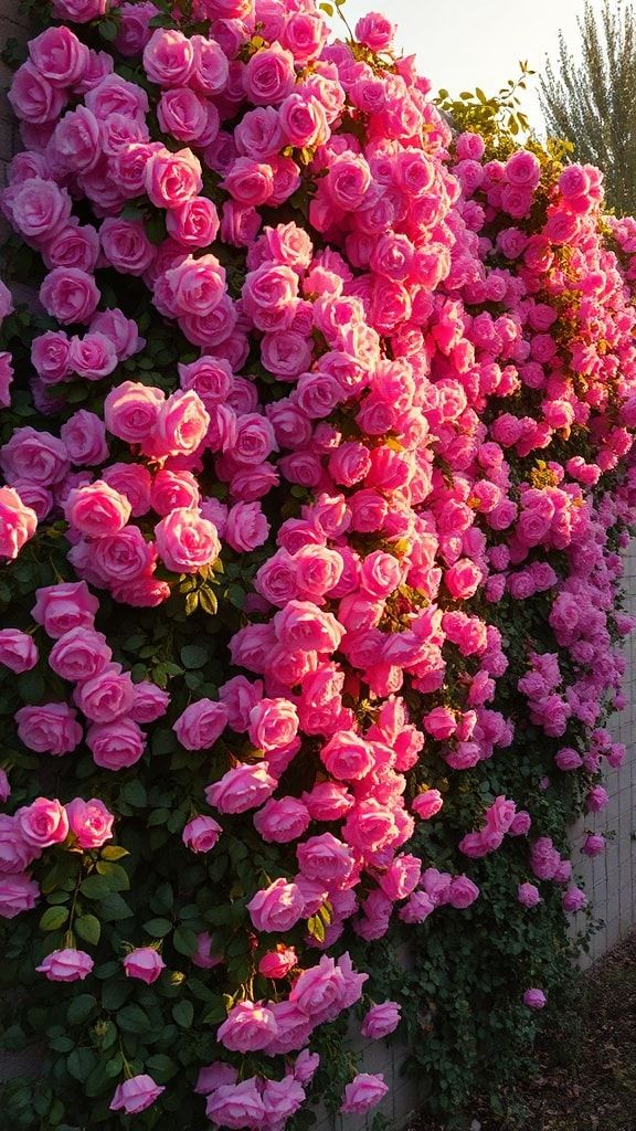 A densely packed wall of bright pink roses in full bloom outdoors