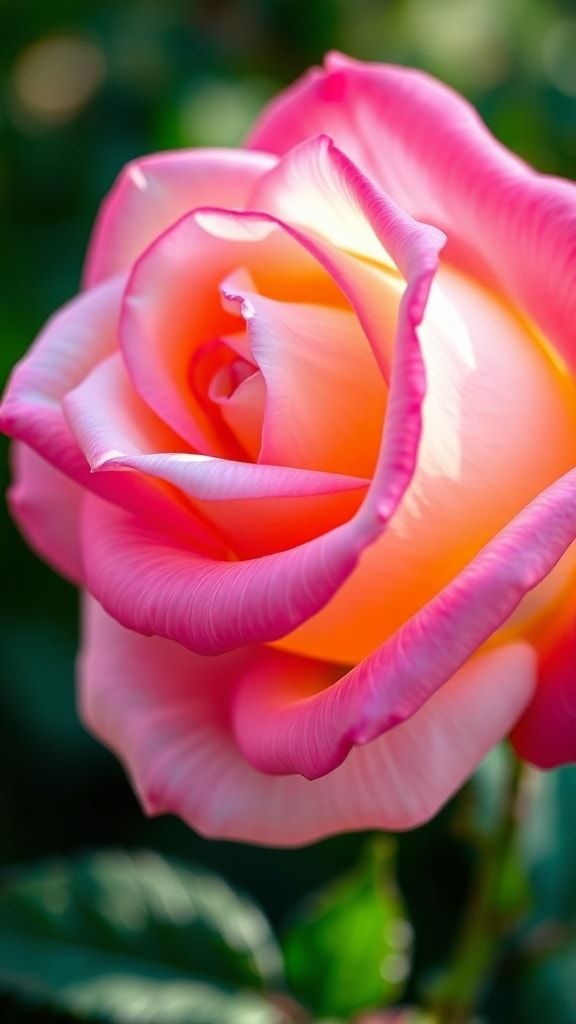 A soft-focus close-up of a pink two-tone rose with glowing petals