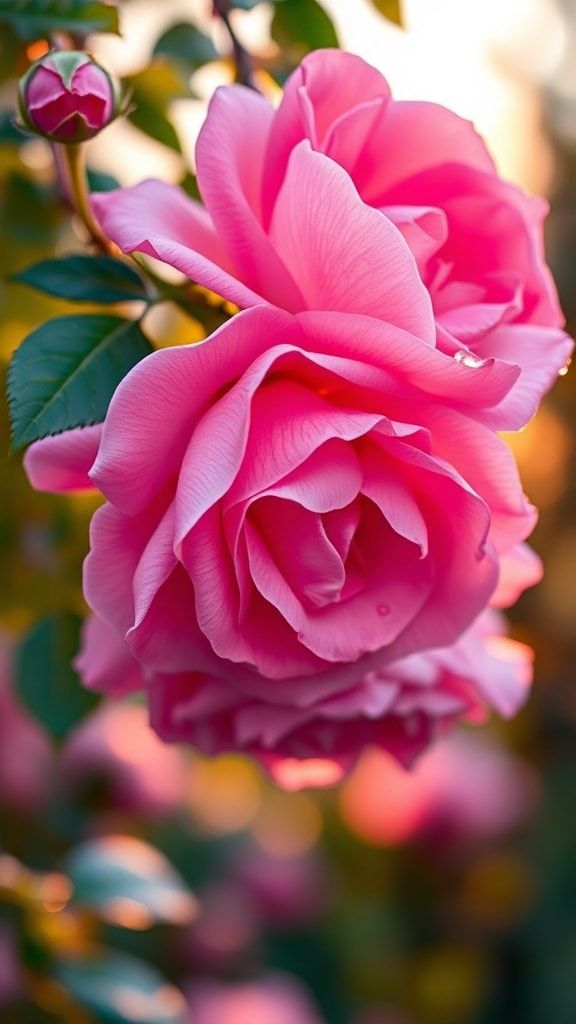 Pink hanging roses glowing with morning sunlight in a garden