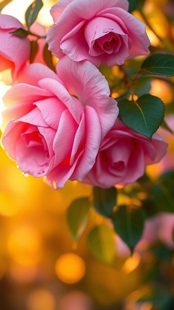 Close-up pink roses glowing in golden sunset bokeh background