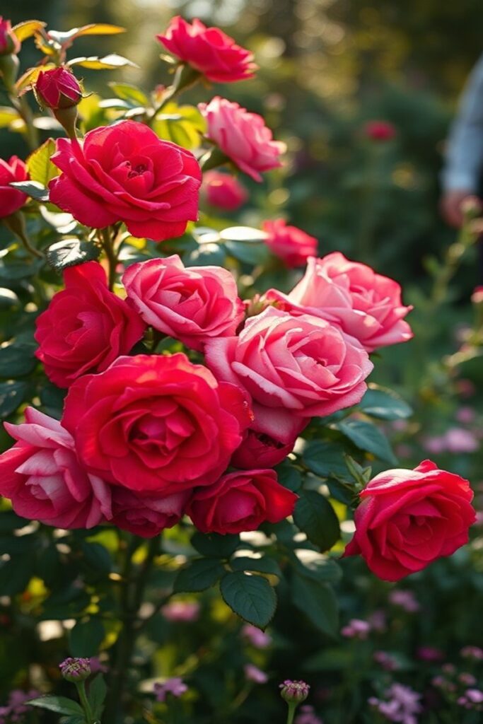 Cluster of pink and red roses blooming in a green garden