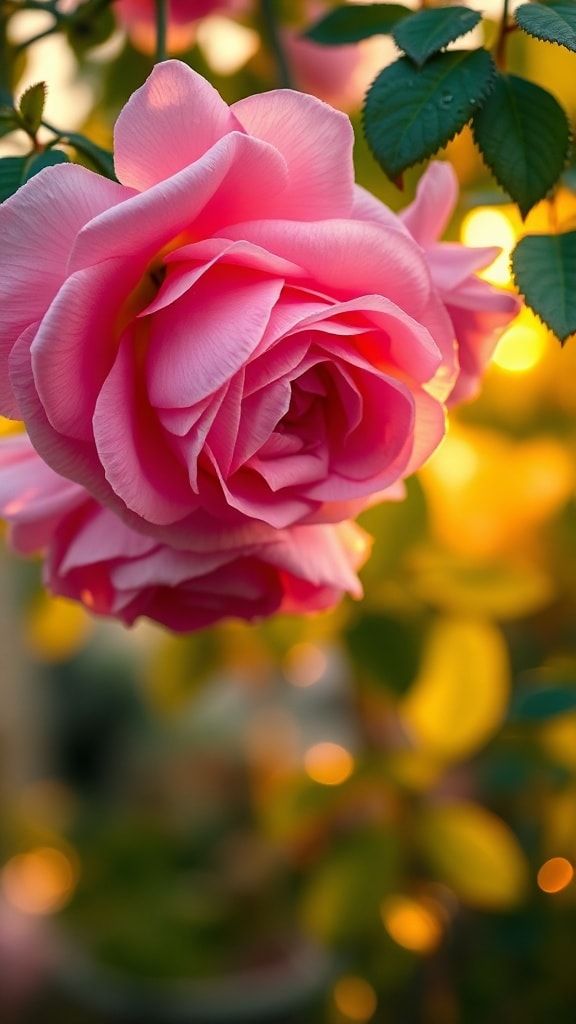 Close-up of a pink rose with warm golden background light