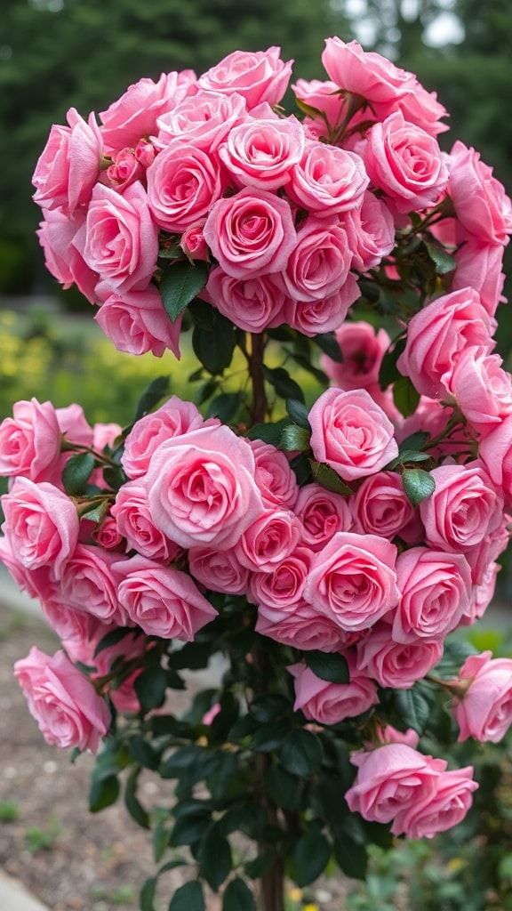 A pink rose tree full of dense blooming roses in a garden