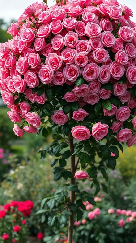 A round-shaped pink rose tree covered with hundreds of bright roses