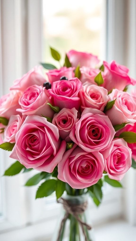 A bouquet of pink roses placed near a window with natural daylight
