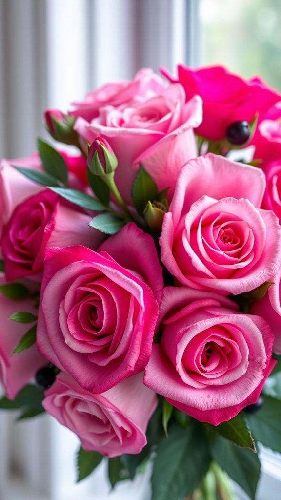 A close-up of a mixed bouquet of deep and light pink roses near a window