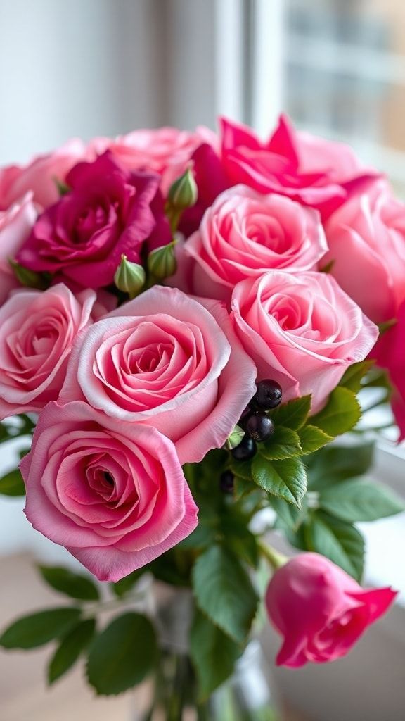 A bouquet featuring pink roses with a dark pink rose in the center