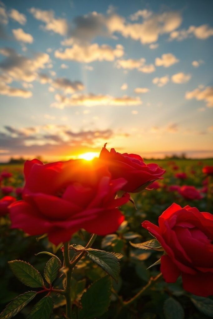 Red roses captured against a glowing sunset with warm golden light