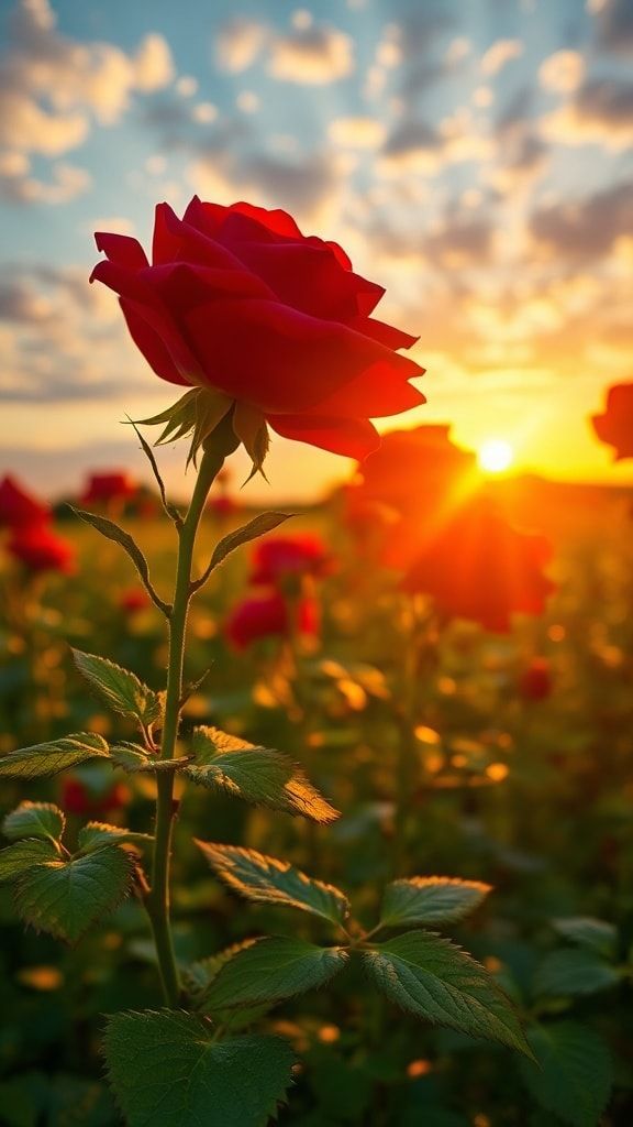 A single red rose standing tall in a field during golden hour sunset