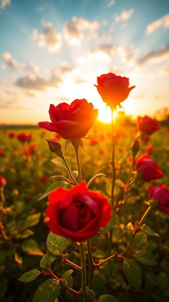 Close-up red roses glowing under the warm evening sunset