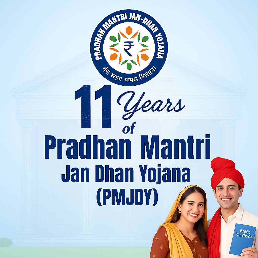 Illustration celebrating 11 years of Pradhan Mantri Jan Dhan Yojana with PMJDY logo, bold text, and a smiling Indian couple holding a bank passbook.