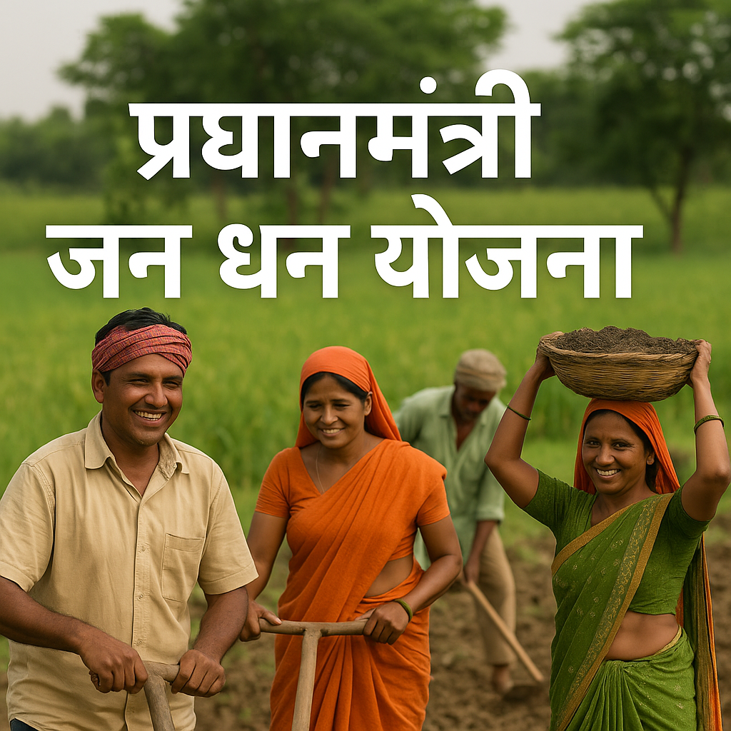 एक खेत में कार्य करते किसान और मजदूरों की छवि, जिनके ऊपर “प्रधानमंत्री जन धन योजना” लिखा है, जो ग्रामीण भारत में वित्तीय समावेशन और आर्थिक सशक्तिकरण का प्रतीक दर्शाती है।