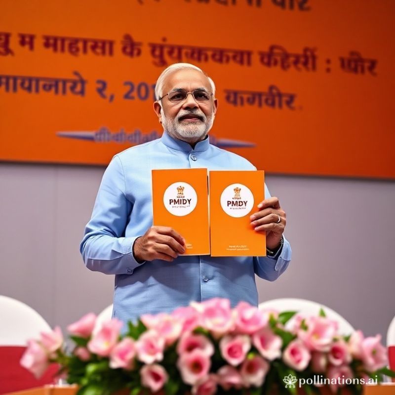 प्रधानमंत्री जन धन योजना Indian prime minister holding PMJDY scheme booklets during an official launch event with an orange background and flowers in front.